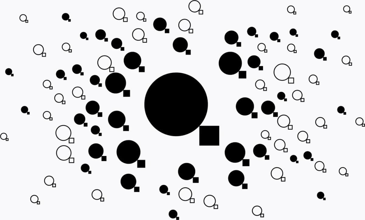 Ilustração abstrata de círculos e quadrados a irradiar a partir de uma marca em destaque, representando marcas portuguesas a tornarem-se visíveis no catálogo feitoem.pt